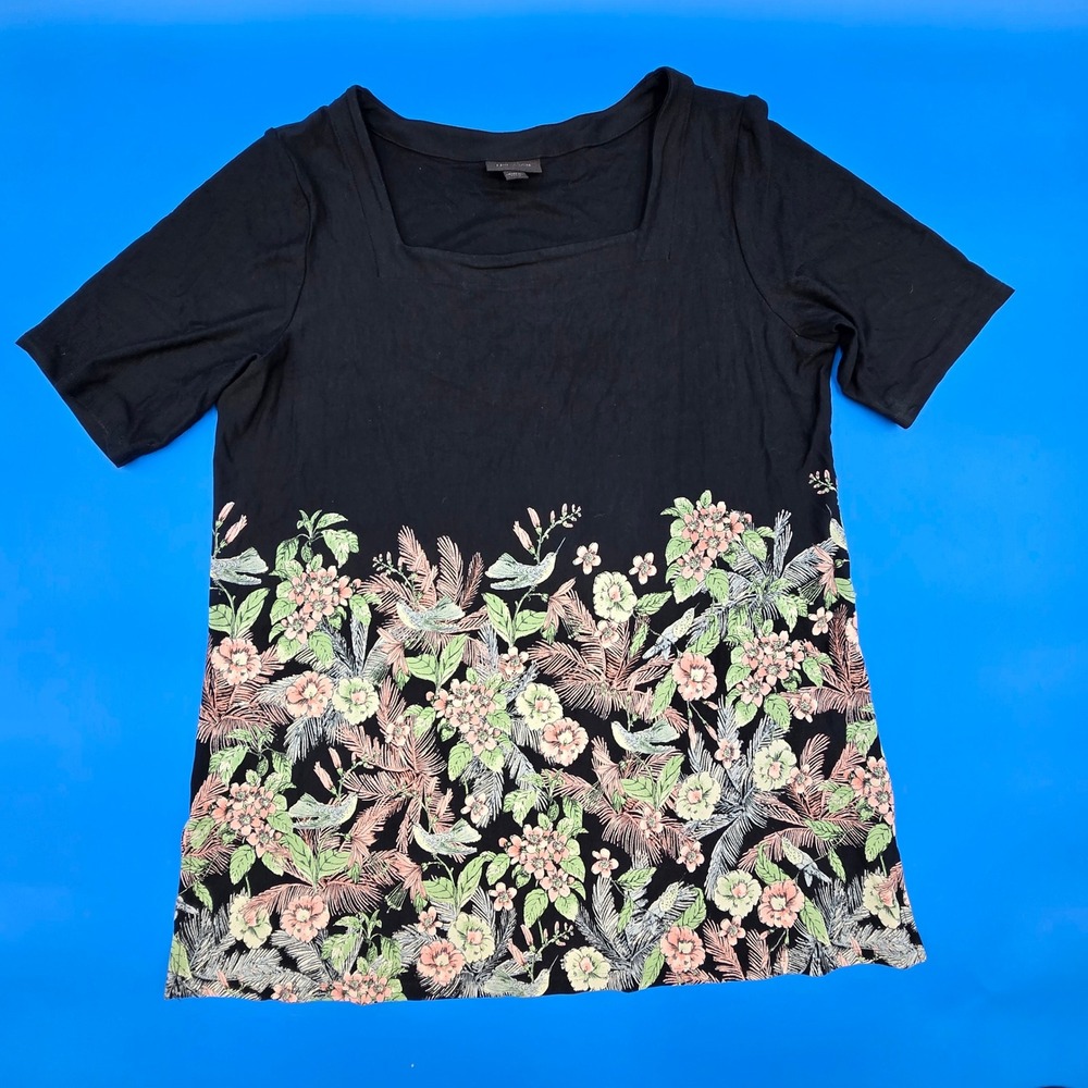 J. Jill‎ Wearever Square Neck Top Small Petite Black Tropical Hummingbird